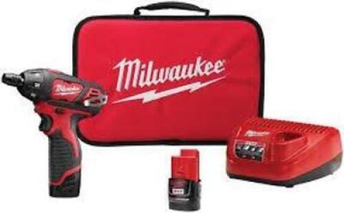 DESCRIPTION: (1) CORDLESS HEX SCREWDRIVER KIT BRAND/MODEL: MILWAUKEE #2401-22 INFORMATION: RED, M12 SIZE: 1/4: DRIVER RETAIL$: $97.99 EA QTY: 1