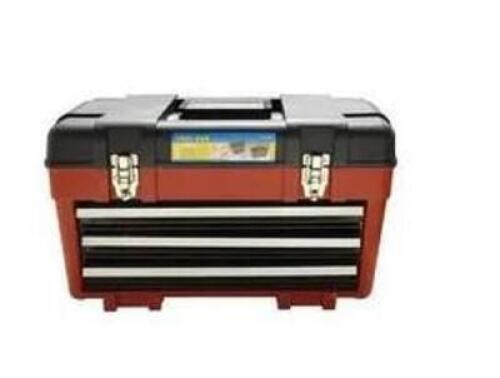 DESCRIPTION: (1) PORTABLE TOOL STORAGE CASE BRAND/MODEL: DURATOOL INFORMATION: BLACK AND RED SIZE: 3 DRAWERS AND A LATCHED OPEN TOP RETAIL$: $52.65 EA