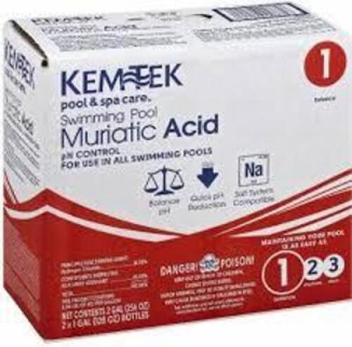 DESCRIPTION: (1) MURIATIC ACID BRAND/MODEL: KEMTEK POOL AND SPA SIZE: 1 GALLON RETAIL$: $20.00 EA QTY: 1