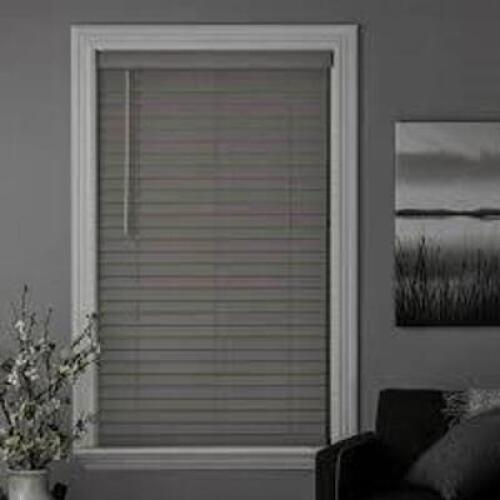 DESCRIPTION: (2) FAUX WOOD CORDLESS WINDOW BLIND BRAND/MODEL: BETTER HOMES AND GARDENS INFORMATION: RUSTIC GRAY SIZE: 34X64 RETAIL$: $74.99 EA QTY: 2