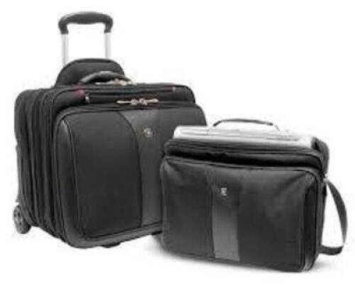 DESCRIPTION: (1) 2 PIECE LUGGAGE BRAND/MODEL: WENGER INFORMATION: BLACK SIZE: BUSINESS SET INCLUDED COM-U-ROLLER AND MATCHING NOTEBOOK CASE RETAIL$: $