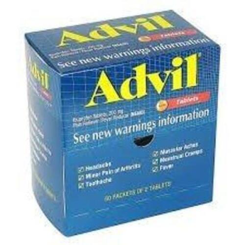 DESCRIPTION: (2) BOXES OF (50) PACKETS OF IBUPROFEN BRAND/MODEL: ADVIL SIZE: 200 MG RETAIL$: $15.00 EA QTY: 2
