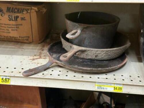 (3) - CAST IRON PANS WITH HARDWARE