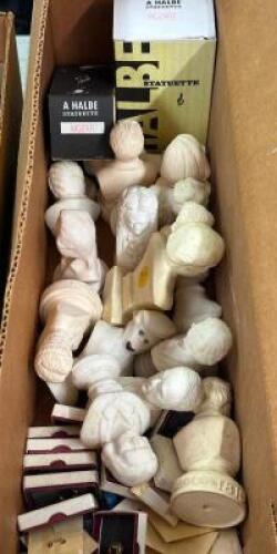 BIN OF ASSORTED PINS, STATUES AND INSTRUMENT JEWELRY