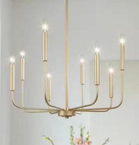 Linear Gold Staggered Candlestick Island Chandelier, 8-Light Vintage Hanging Pendant Lamp for Kitchen Dining Living Room