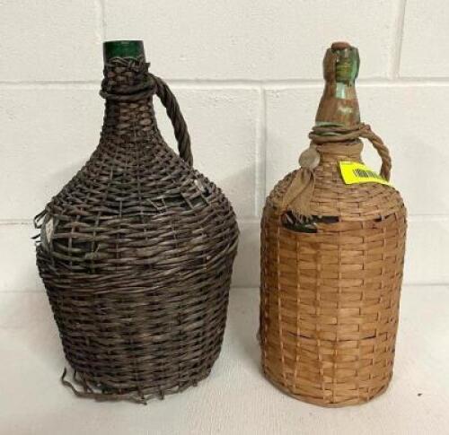 (2) LIQUOR BOTTLES WITH WOVEN COVERS, EUROPEAN DEMI JOHN