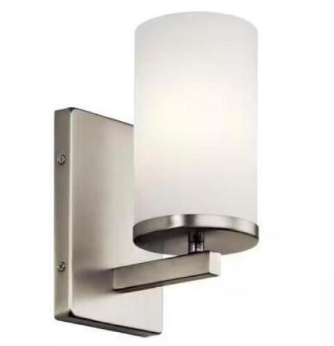 Crosby 1-Light Brushed Nickel Bathroom Indoor Wall Sconce Light with Satin Etched Cased Opal Glass Shade