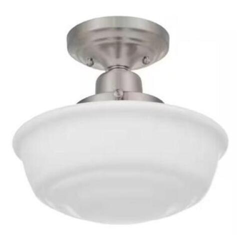 Belvedere Park 11 in. 1-Light Brushed Nickel Schoolhouse Round Semi Flush Mount, Farmhouse Ceiling Light