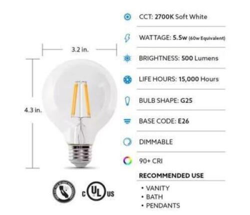 60-Watt Equivalent G25 Globe Dimmable Filament ENERGY STAR Clear E26 LED Vintage Edison LIght Bulb, Soft White (12-Pack)