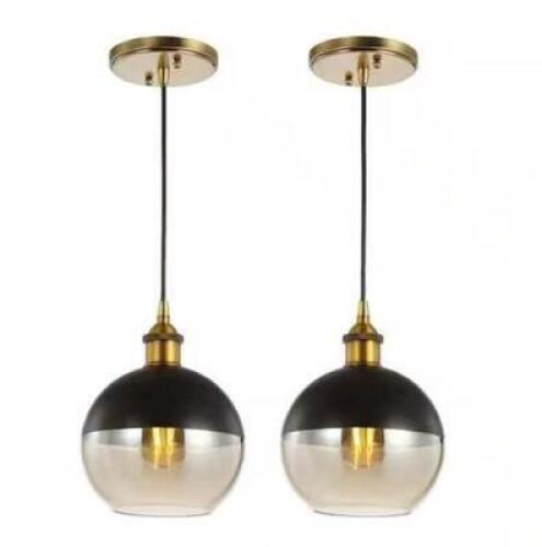 (2) - Nixon 7.5 in. 1-Light Mid-Century Metal/Glass Adjustable Drop Globe LED Pendant Lights, Brass Gold/Black
