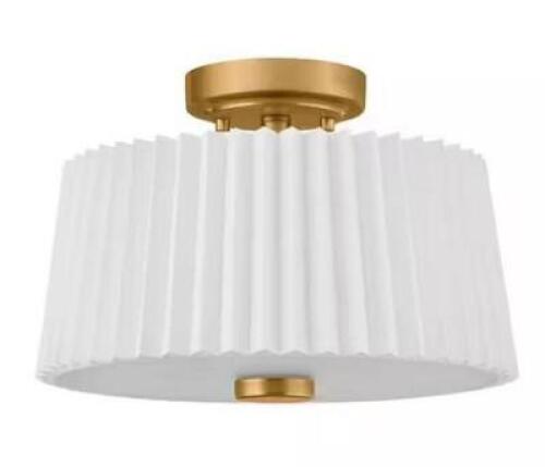Emyvale 13 in. 2-Light Brushed Gold Flush Mount with White Fabric Shade