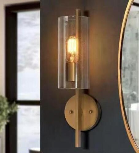 17 in H. Modern Cylinder Powder Room Wall Sconce 1-Light Large Brass Gold Bathroom Single Light with Seeded Glass Shade