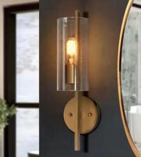 17 in H. Modern Cylinder Powder Room Wall Sconce 1-Light Large Brass Gold Bathroom Single Light with Seeded Glass Shade
