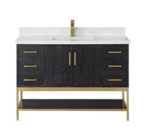 Wildy 48 in. W x 22 in. D x 34 in. H Bath Vanity in Black Oak with Grain White Composite Stone Top