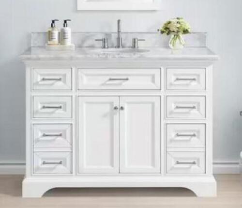 Windlowe 49 in. W x 22 in. D x 35 in. H Freestanding Bath Vanity in White with Carrara White Marble Top