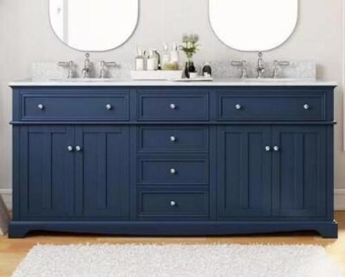 Fremont 72 in. Double Sink Navy Blue Bath Vanity with Grey Granite Top (Assembled)