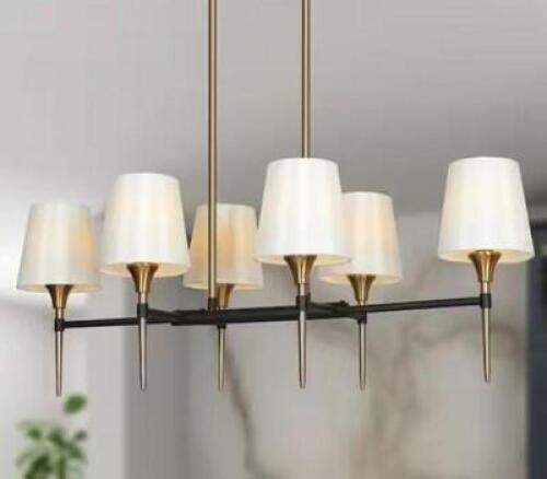 Modern Farmhouse Island Shaded Chandelier Light, 6-Light Brass and Black Chandelier with Cone Fabric Shades