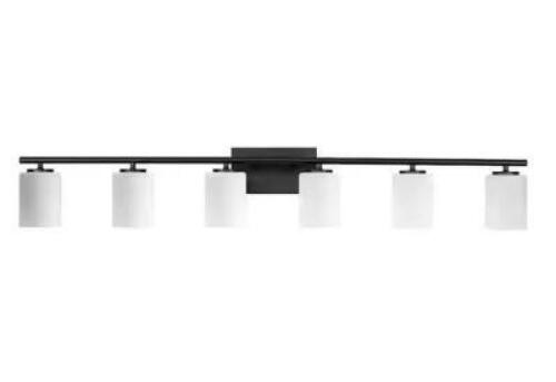 Replay 48 in. 6-Light Textured Black with Etched White Glass Shades Modern Bath Vanity Light for Bathroom