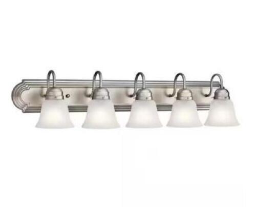 Independence 36 in. 5-Light Brushed Nickel Traditional Bathroom Vanity Light with Frosted Glass Shade
