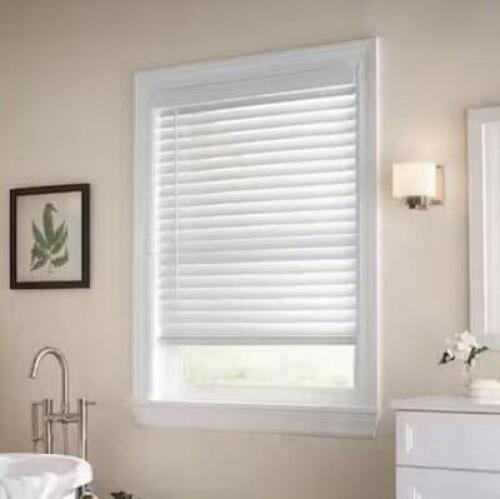 White Cordless Faux Wood Blinds for Windows with 2 in. Slats