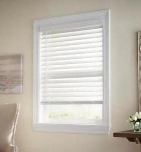 White Cordless Premium Faux Wood blinds with 2.5 in. Slats