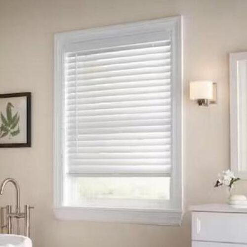 White Cordless Faux Wood Blinds for Windows with 2 in. Slats - 40.5 in. W x 84 in. L (Actual Size 40 in. W x 84 in. L)