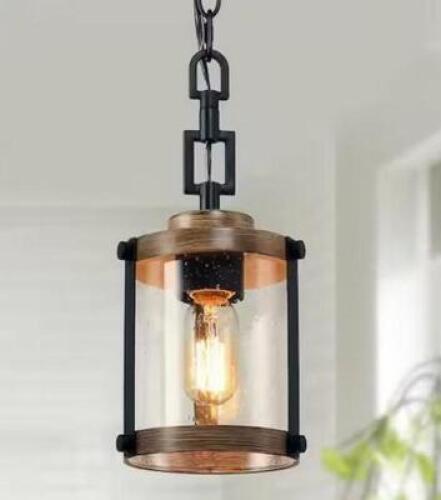 Modern Farmhouse Brown Chandelier 1-Light 6 in. Black Drum Mini Island Pendant Light with Seeded Glass Shades