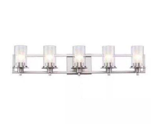 Independence 36 in. 5-Light Brushed Nickel Traditional Bathroom Vanity Light with Frosted Glass Shade