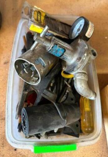 ASSORTED VALVES, ELECTRIC PLUGS, AND TOOLS