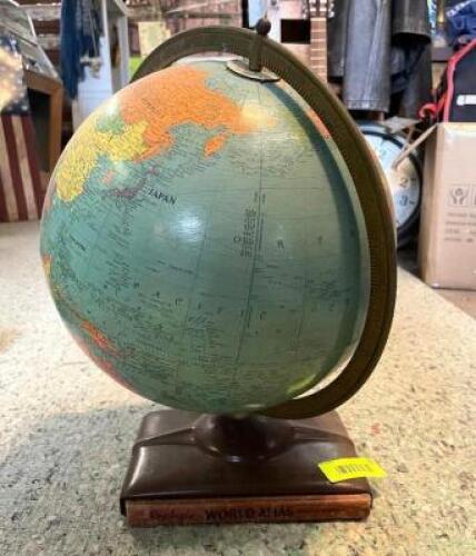 GLOBE WITH WOOD STAND, ATLAS IN BASE