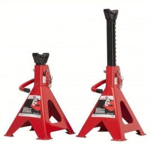 DESCRIPTION: (1) JACK STAND BRAND/MODEL: AMERICAN FORGE AND FOUNDRY #806J72 INFORMATION: RED SIZE: Ratchet Handle, 6 ton Load Capacity, 16 in Min Ht,