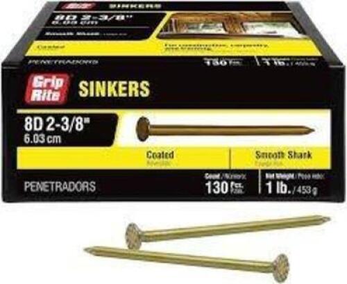 DESCRIPTION: (2) CASES SMOOTH SHANK SINKERS NAILS BRAND/MODEL: GRIP RITE SIZE: 5 LB BOX 8D 2-3/8 RETAIL$: $89.00 EA QTY: 2