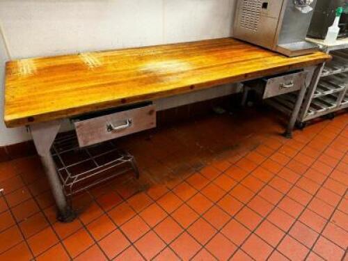 DESCRIPTION 8' X 36" BUTCHER BLOCK TABLE W/ TWO DRAWER BASE. SIZE 8' X 36" LOCATION KITCHEN QTY 1