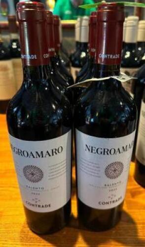 DESCRIPTION (6) BOTTLES OF NEGROAMARO SALENTO 2022 CONTRADE THIS LOT IS: SOLD BY THE PIECE LOCATION ROOM 1 QTY 6
