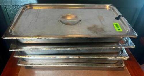 DESCRIPTION (4) FULL SIZE STAINLESS INSERTS W/ LIDS SIZE 2" DEEP THIS LOT IS: SOLD BY THE PIECE LOCATION ROOM 1 QTY 4