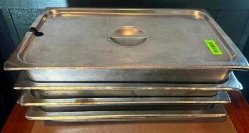 DESCRIPTION (4) FULL SIZE STAINLESS INSERTS W/ LIDS SIZE 2" DEEP THIS LOT IS: SOLD BY THE PIECE LOCATION ROOM 1 QTY 4