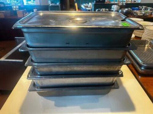 DESCRIPTION (5) FULL SIZE STAINLESS INSERTS W/ LIDS SIZE 4" DEEP THIS LOT IS: SOLD BY THE PIECE LOCATION ROOM 1 QTY 5