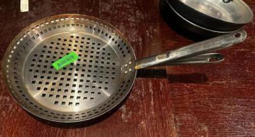 DESCRIPTION (2) 12" SLOTTED STAINLESS SKILLETS SIZE 12" THIS LOT IS: SOLD BY THE PIECE LOCATION ROOM 1 QTY 2