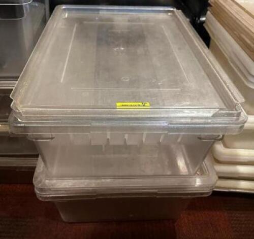 DESCRIPTION (2) LARGE PLASTIC SALAD CONTAINERS W/ DRAIN INSERTS AND LIDS THIS LOT IS: SOLD BY THE PIECE LOCATION ROOM 1 QTY 2