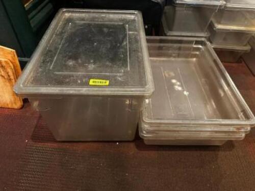 DESCRIPTION (4) ASSORTED LARGE PLASTIC CONTAINERS W /(1) LID THIS LOT IS: ONE MONEY LOCATION ROOM 1 QTY 1