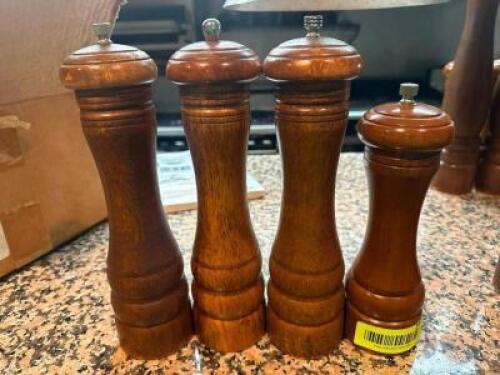 DESCRIPTION (4) ASSORTED WOODEN PEPPER MILLS THIS LOT IS: SOLD BY THE PIECE LOCATION KITCHEN QTY 4