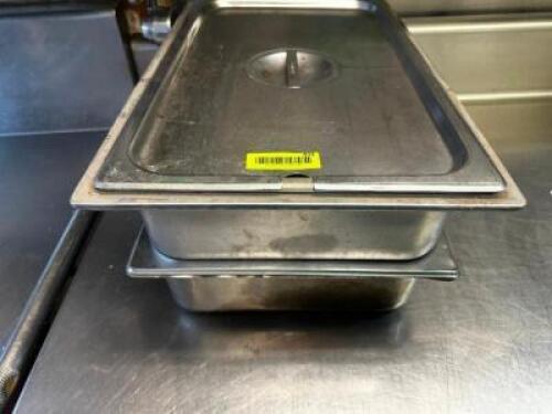 DESCRIPTION (2) FULL SIZE STAINLESS INSERTS W/ LIDS SIZE 4" DEEP THIS LOT IS: SOLD BY THE PIECE LOCATION KITCHEN QTY 2