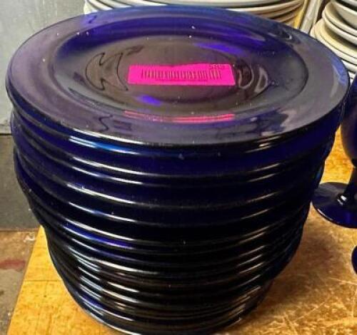 DESCRIPTION (18) 9" BLUE GLASS PLATES. SIZE 9" THIS LOT IS: SOLD BY THE PIECE LOCATION BASEMENT 1 QTY 18