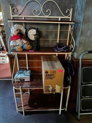 DESCRIPTION METAL BAKERS RACK W/ GLASS INSERT SHELVES. ADDITIONAL INFORMATION CONTENTS ARE NOT INCLUDED. LOCATION BAR QTY 1