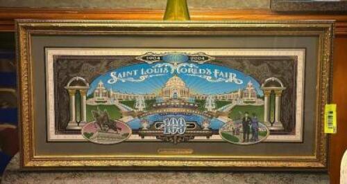 DESCRIPTION: FRAMED ST. LOUIS WORLDS FAIR POSTER SIZE: 26" X 12" LOCATION: ROOM 3 THIS LOT IS: ONE MONEY QTY: 1