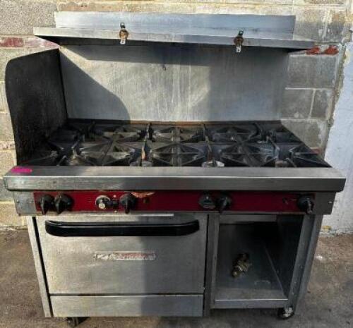 SOUTHBEND EIGHT BURNER RANGE W/ LOWER CONVECTION OVEN.