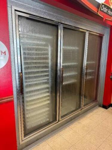 14' X 10' WALK IN COOLER W/ THREE GLASS DOOR MERCHANDISER FRONT AND SIDE MAN DOOR.