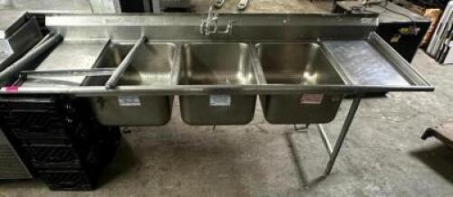 100" THREE WELL STAINLESS POT SINK W/ LEFT AND RIGHT DRY BOARDS.