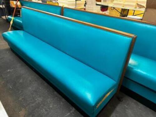 (7) 94" SECTIONS OF LIGHT BLUE VINYL PADDED BOOTH SEATS.