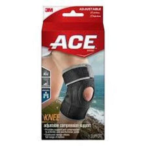 DESCRIPTION: (4) ADJUSTABLE KNEE COMPRESSION SUPPORT BRACE BRAND/MODEL: 3M ACE INFORMATION: BLACK SIZE: ADJUSTABLE, ONE SIZE FITS MOST RETAIL$: $15.58